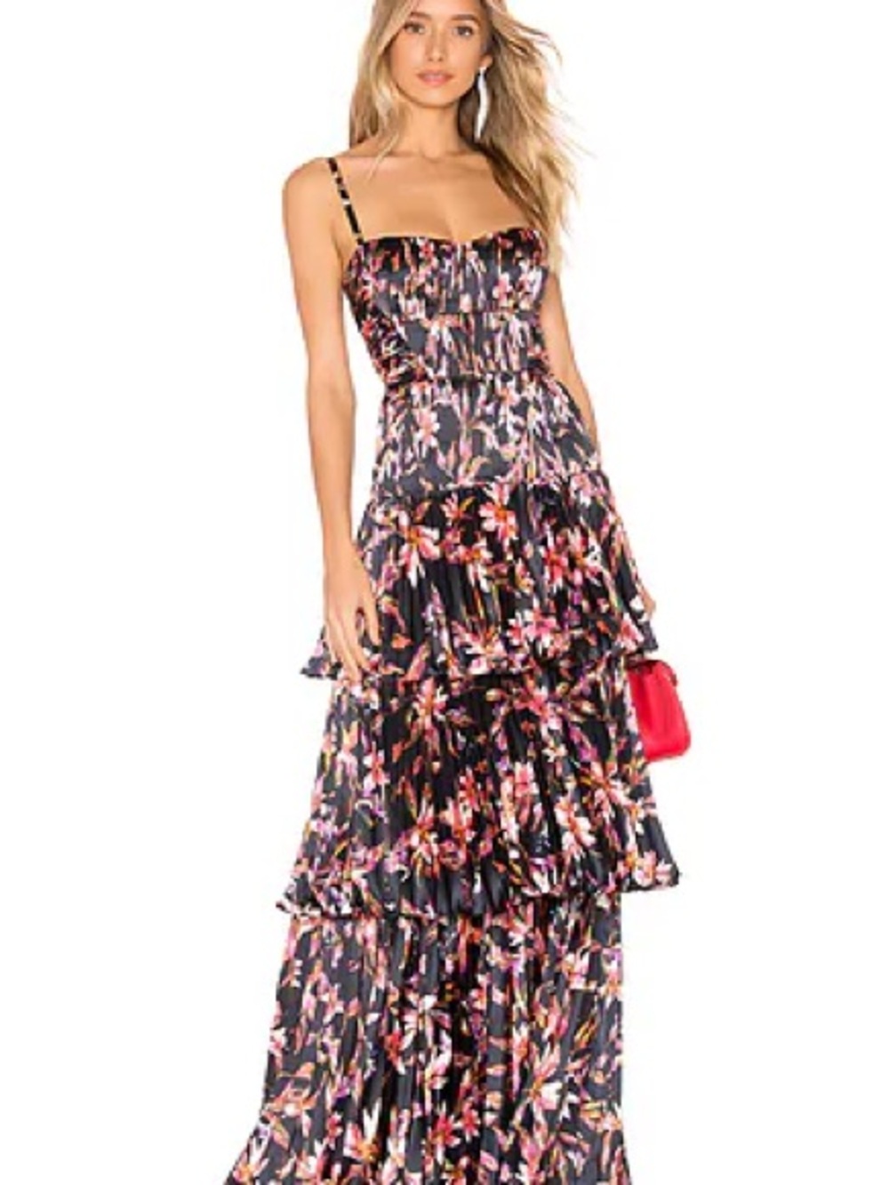 AMUR Black Floral Tiered Maxi Dress with Pink & Orange Print